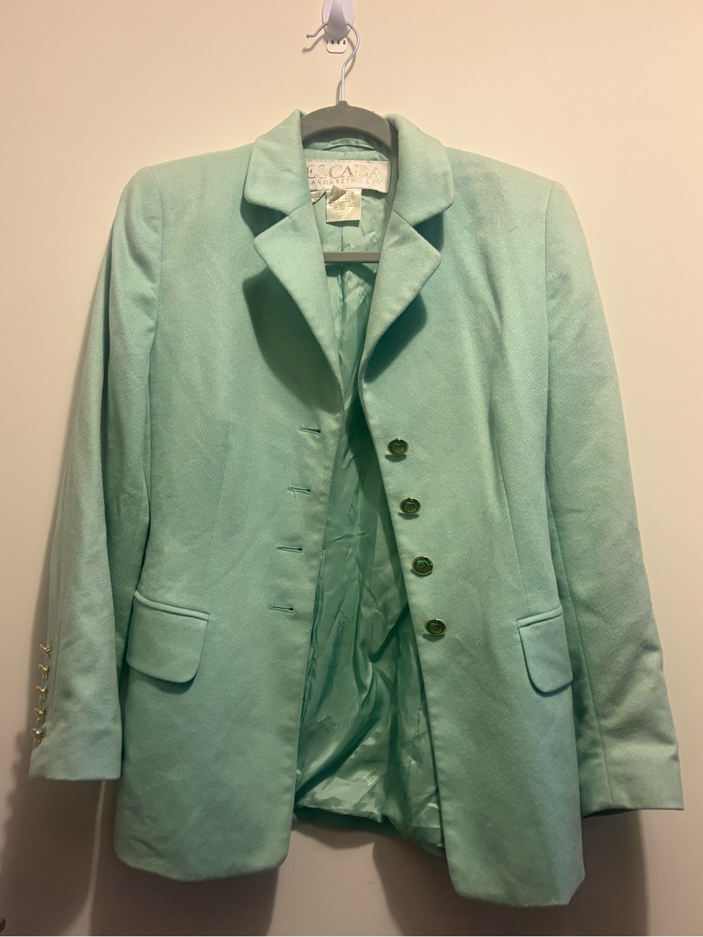 Escada Vintage Mint Green Tailored Wool-Blend Blazer with Gold Buttons
